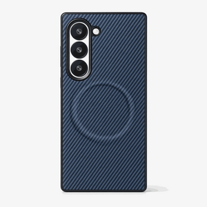 Samsung Galaxy Z Fold phone case in navy and black with a diagonal woven texture, raised camera cutouts and magnetic ring