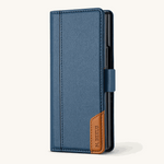 Samsung Galaxy Z Fold wallet case in textured navy leather-look material with stitched edges and a tan clasp tab