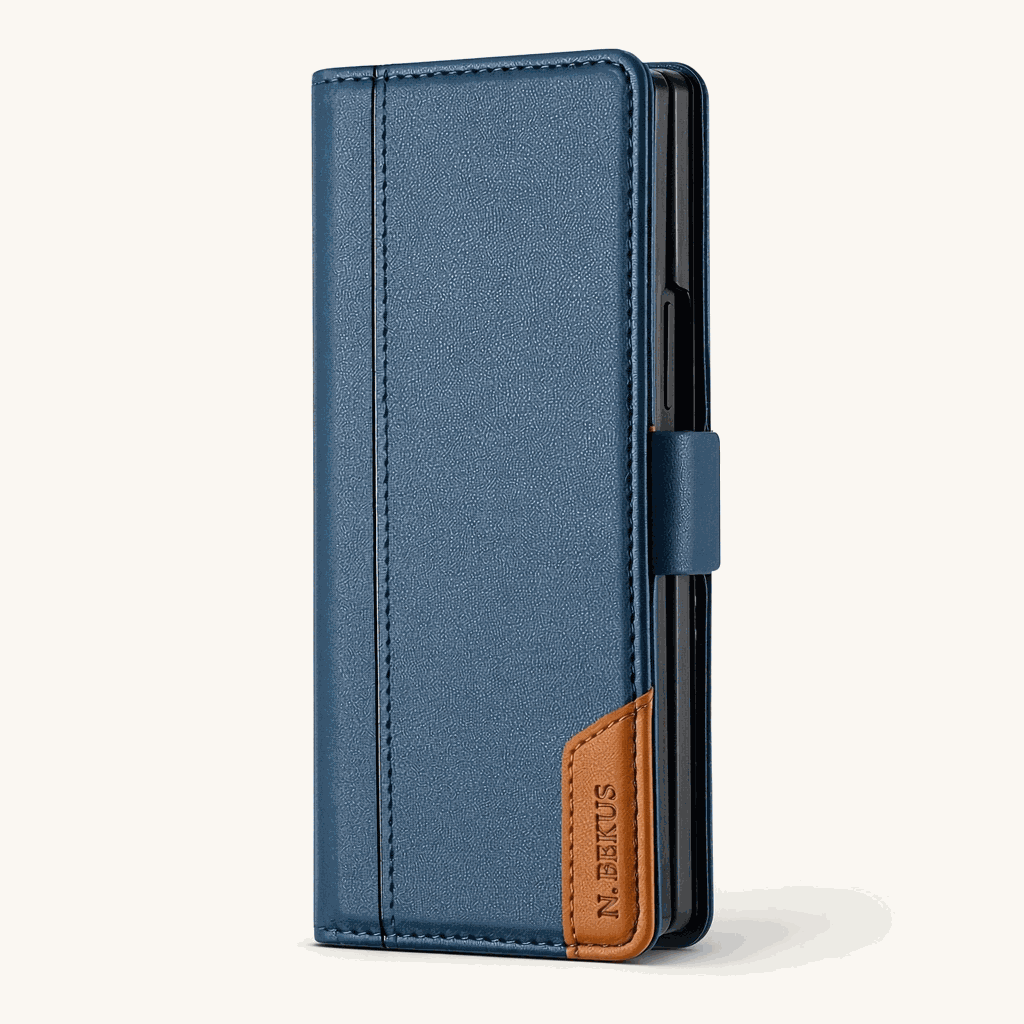 Samsung Galaxy Z Fold wallet case in textured navy leather-look material with stitched edges and a tan clasp tab