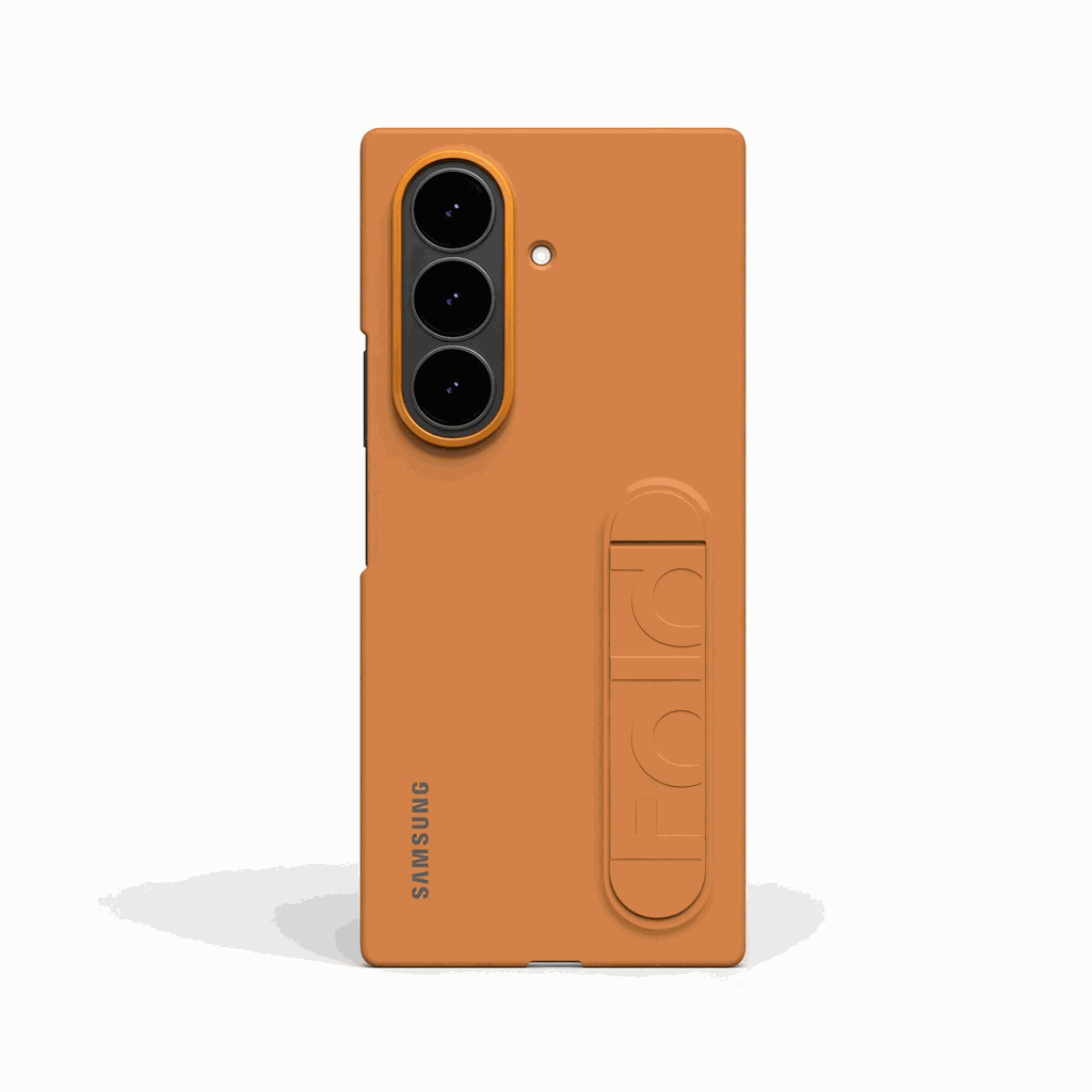 Samsung Galaxy Z Fold phone case in matte orange with a plain finish, triple camera cutouts and a built-in folding bracket.