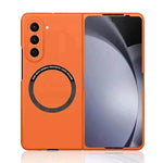Samsung Galaxy Z Fold case in bright orange with a slim matte finish, black magnetic ring, and camera cutouts