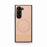 Samsung Galaxy Z Fold case in peach textured leather with black edges, raised triple-camera guard and outlined magnetic ring