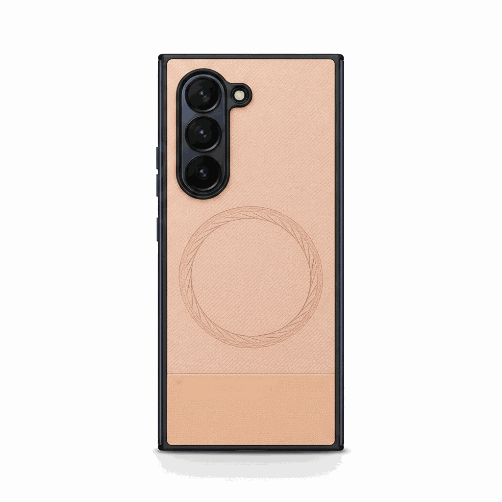 Samsung Galaxy Z Fold case in peach textured leather with black edges, raised triple-camera guard and outlined magnetic ring