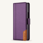 Samsung Galaxy Z Fold wallet flip case in purple textured leather-look material with stitched edges and brown logo tab