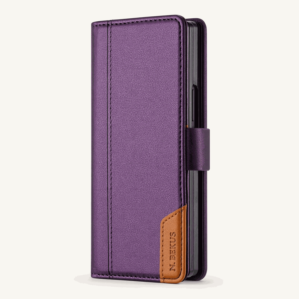 Samsung Galaxy Z Fold wallet flip case in purple textured leather-look material with stitched edges and brown logo tab