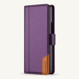 Samsung Galaxy Z Fold wallet flip case in purple textured leather-look material with stitched edges and brown logo tab