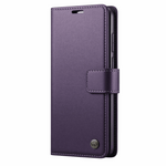 Samsung Galaxy Z Fold wallet case in purple textured leather-look material with stitched edges and a magnetic flap closure