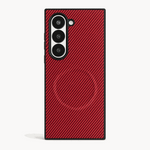 Samsung Galaxy Z Fold phone case in red and black with a diagonal woven-look texture and raised camera cutouts