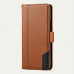 Samsung Galaxy Z Fold leather wallet case in textured tan brown with stitched edging and a black lower accent