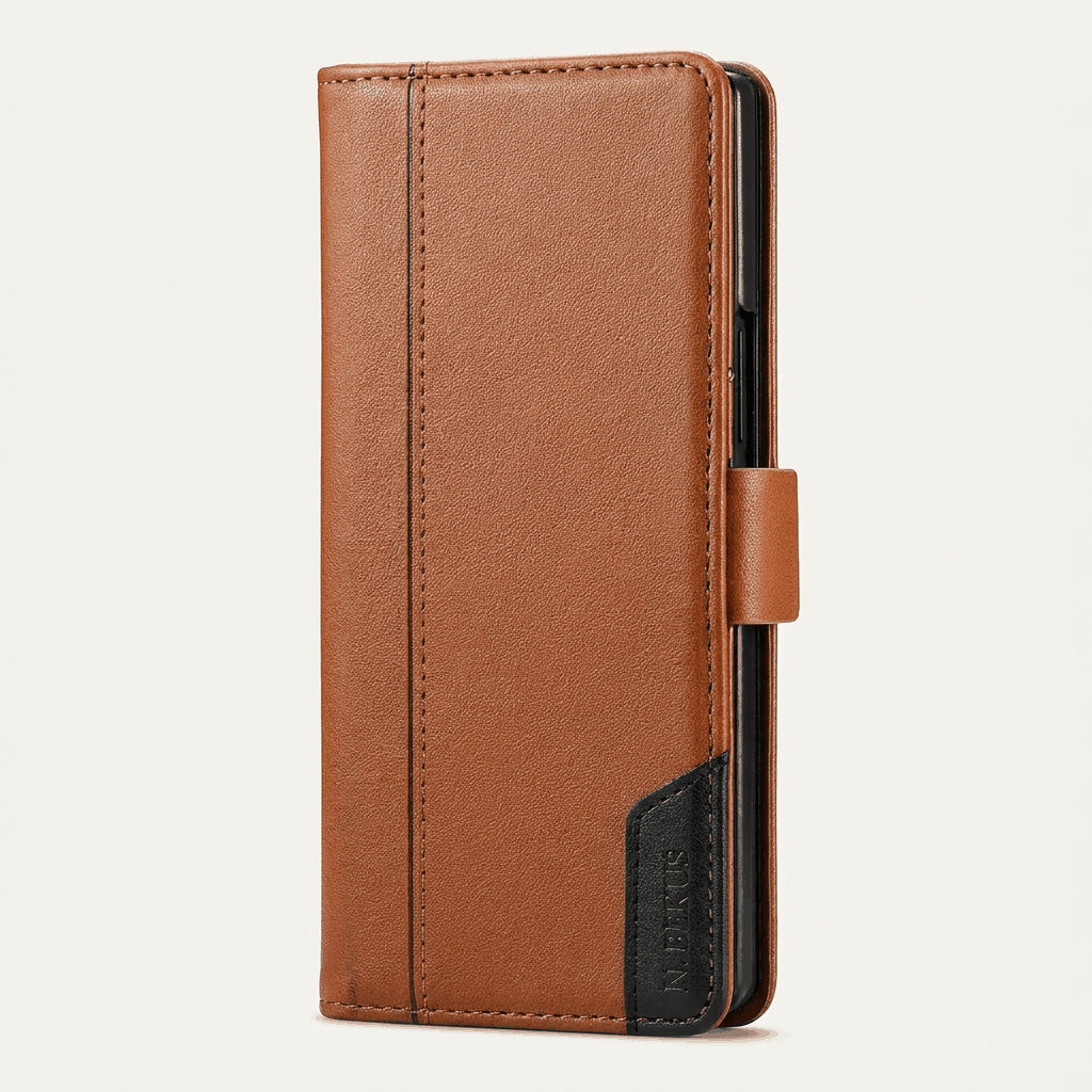 Samsung Galaxy Z Fold leather wallet case in textured tan brown with stitched edging and a black lower accent