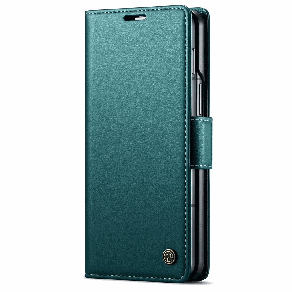 Samsung Galaxy Z Fold wallet case in teal textured leather-look material with stitched edges and a side clasp