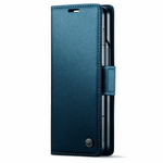 Samsung Galaxy Z Fold wallet case in textured dark teal leather-look material, with stitched edges and a side closure strap