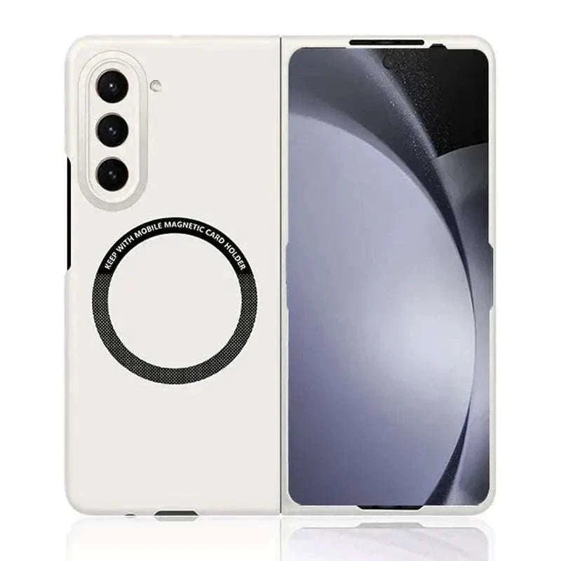 Samsung Galaxy Z Fold case in translucent white with a black magnetic ring and slim protective cover