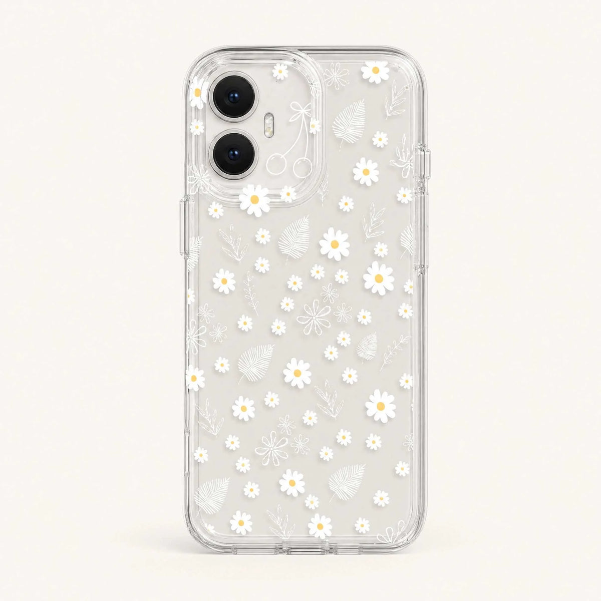 Xiaomi Expressive Fun Art Case in clear flexible material, decorated with white daisies and delicate botanical outlines