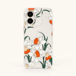 Xiaomi Expressive Fun Art Case in clear material with white flowers, orange centers and green leaves in a botanical pattern