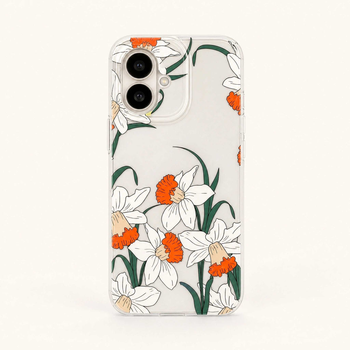 Xiaomi Expressive Fun Art Case in clear material with white flowers, orange centers and green leaves in a botanical pattern