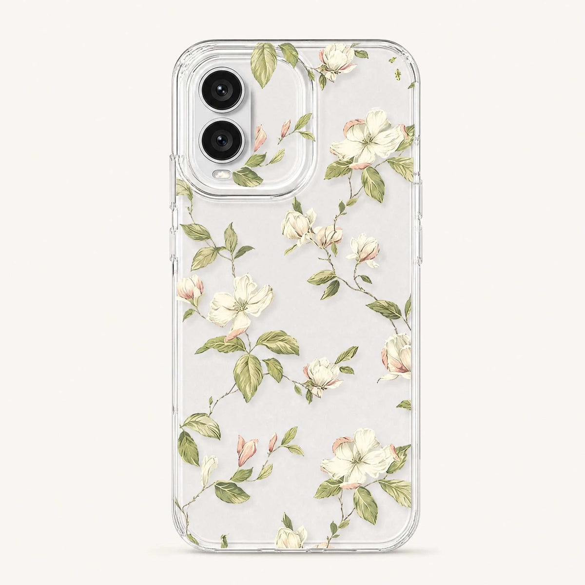 Xiaomi Expressive Fun Art Case, clear flexible phone cover with delicate cream flowers and green botanical leaves