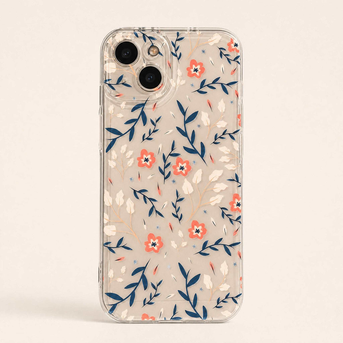 Xiaomi Expressive Fun Art Case in clear flexible material with navy botanical leaves, coral flowers and white petals