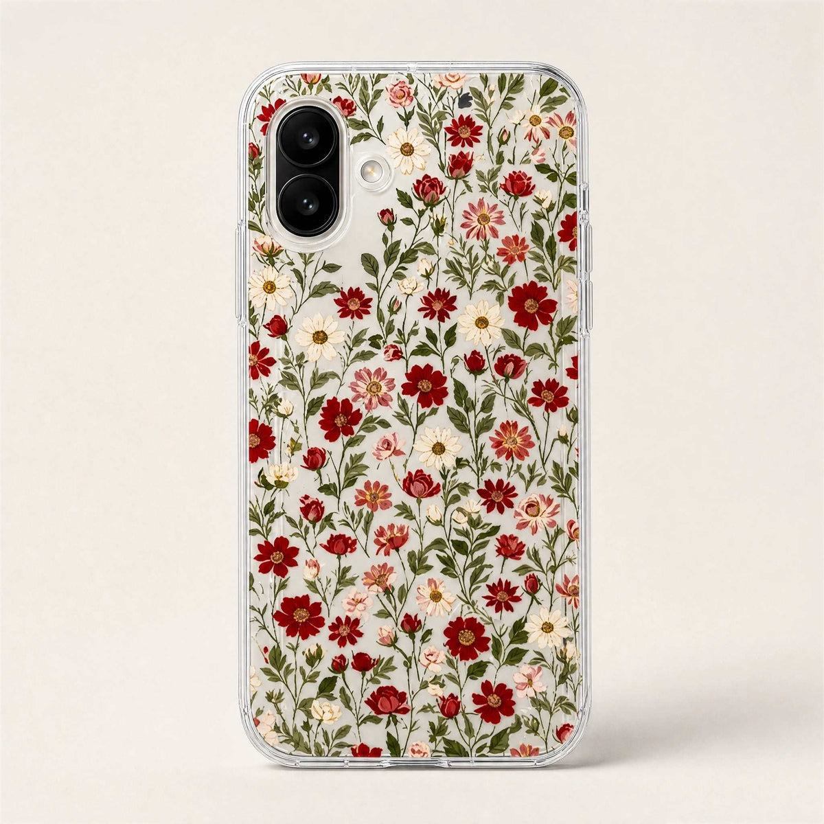 Xiaomi Expressive Fun Art Case with a clear cover and dense red, pink, and cream floral botanical print
