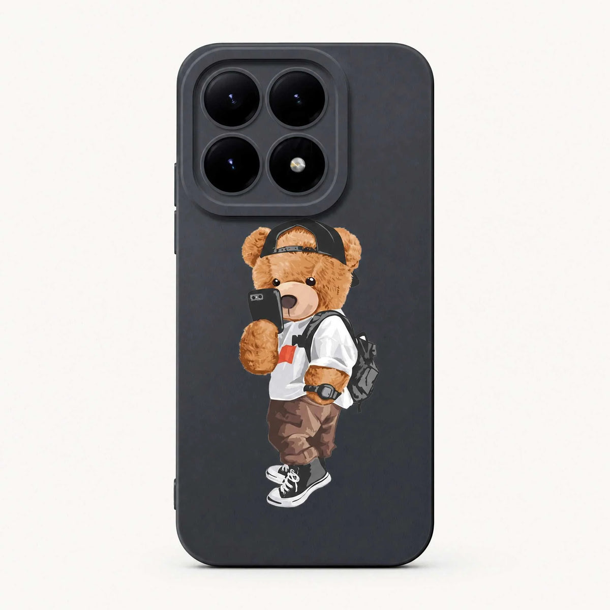 Xiaomi Fun Art Soft Silicone Case in charcoal black with a smooth finish and a cartoon bear wearing a cap and holding a phone