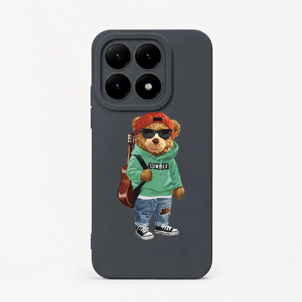 Xiaomi Fun Art Soft Silicone Case in dark charcoal with a colorful cartoon bear wearing sunglasses, a cap and guitar