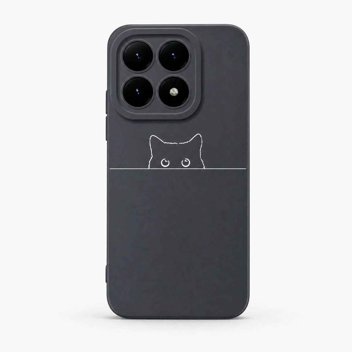 Xiaomi Fun Art Soft Silicone Case in charcoal black with a smooth finish and white line-art cat peeking over a line