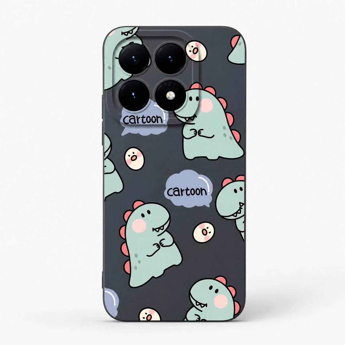 Xiaomi Fun Art Soft Silicone Case in dark charcoal with mint cartoon dinosaurs, pink accents and scattered motifs