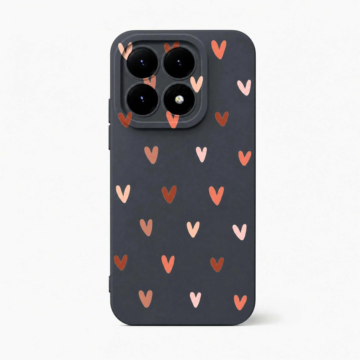 Xiaomi Fun Art Soft Silicone Case in charcoal with scattered pink and rust heart motifs and a raised camera surround