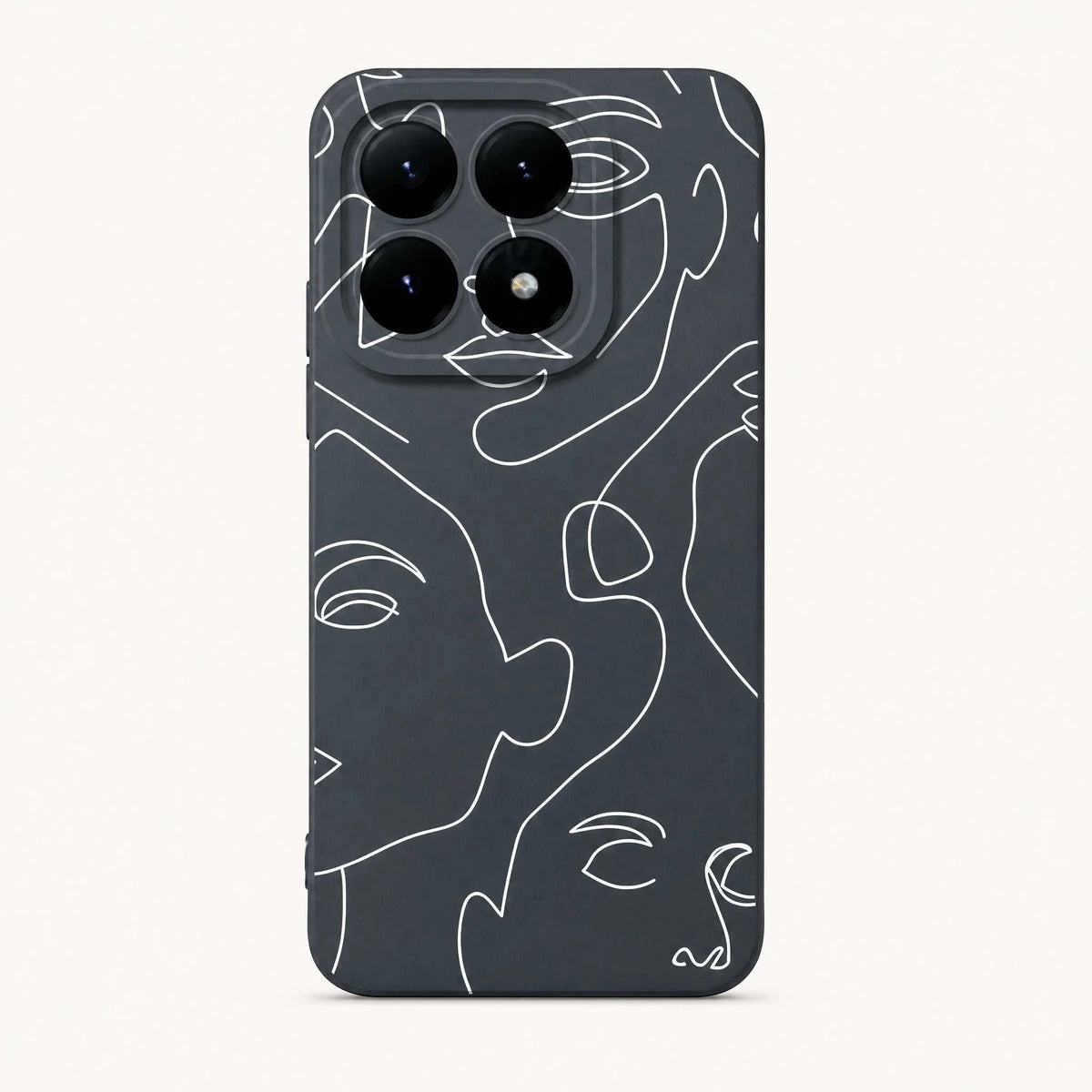 Xiaomi Fun Art Soft Silicone Case in charcoal with white continuous-line face art and a four-ring camera cutout