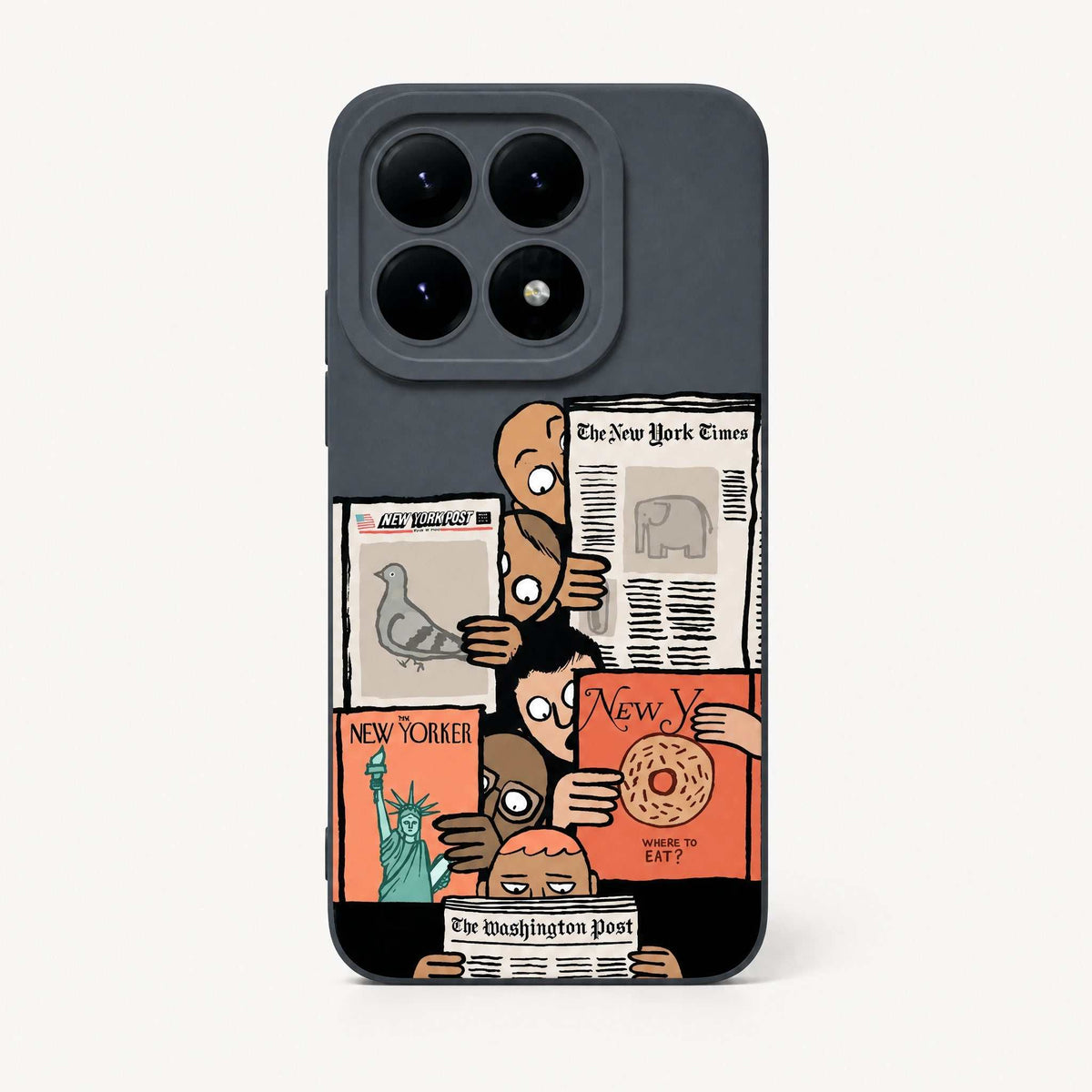 Xiaomi Fun Art Soft Silicone Case in dark charcoal with colourful newspaper illustrations and a raised square camera cutout