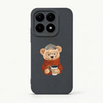 Xiaomi Fun Art Soft Silicone Case in charcoal with a printed teddy bear wearing glasses and a red sweater, holding a coffee cup