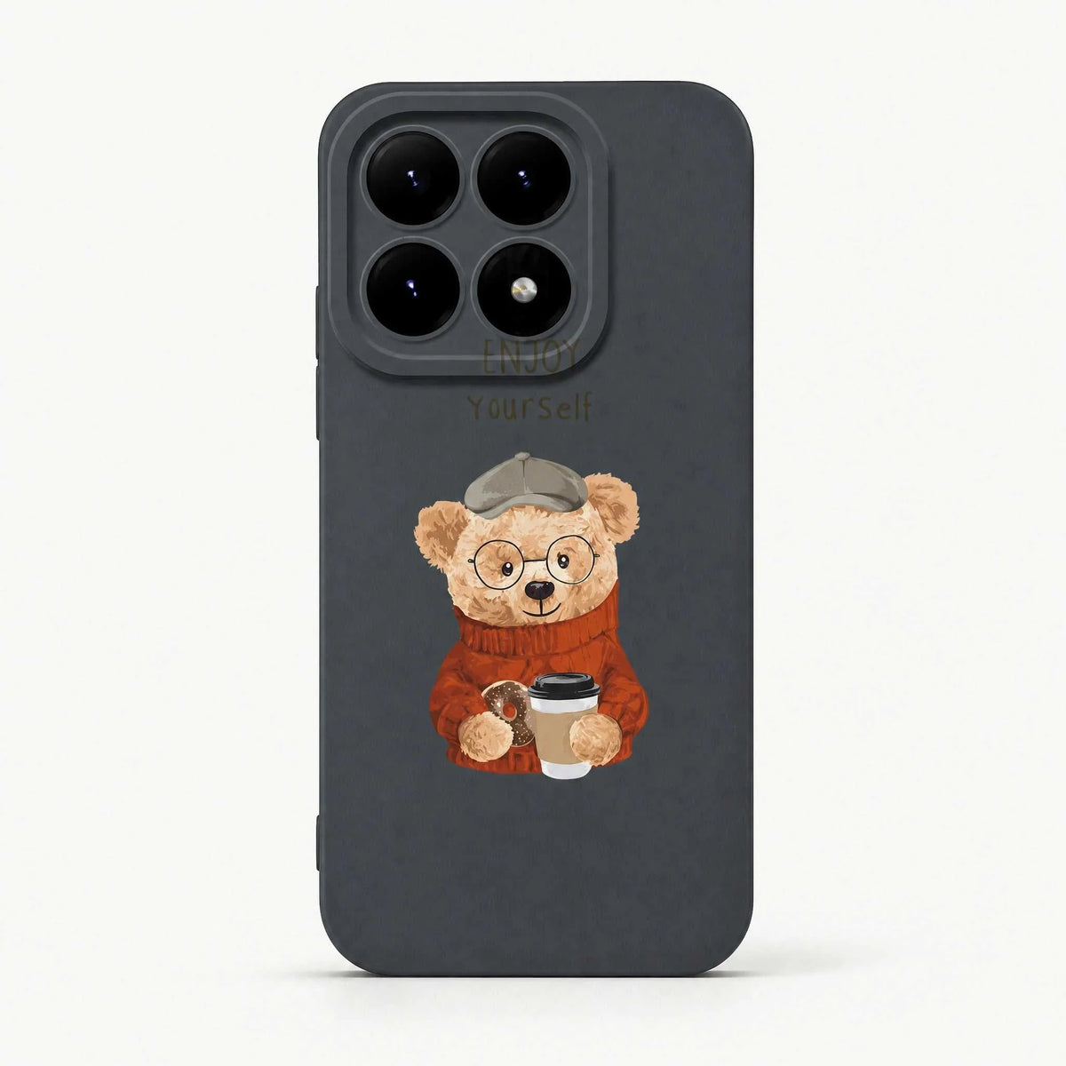 Xiaomi Fun Art Soft Silicone Case in charcoal with a printed teddy bear wearing glasses and a red sweater, holding a coffee cup