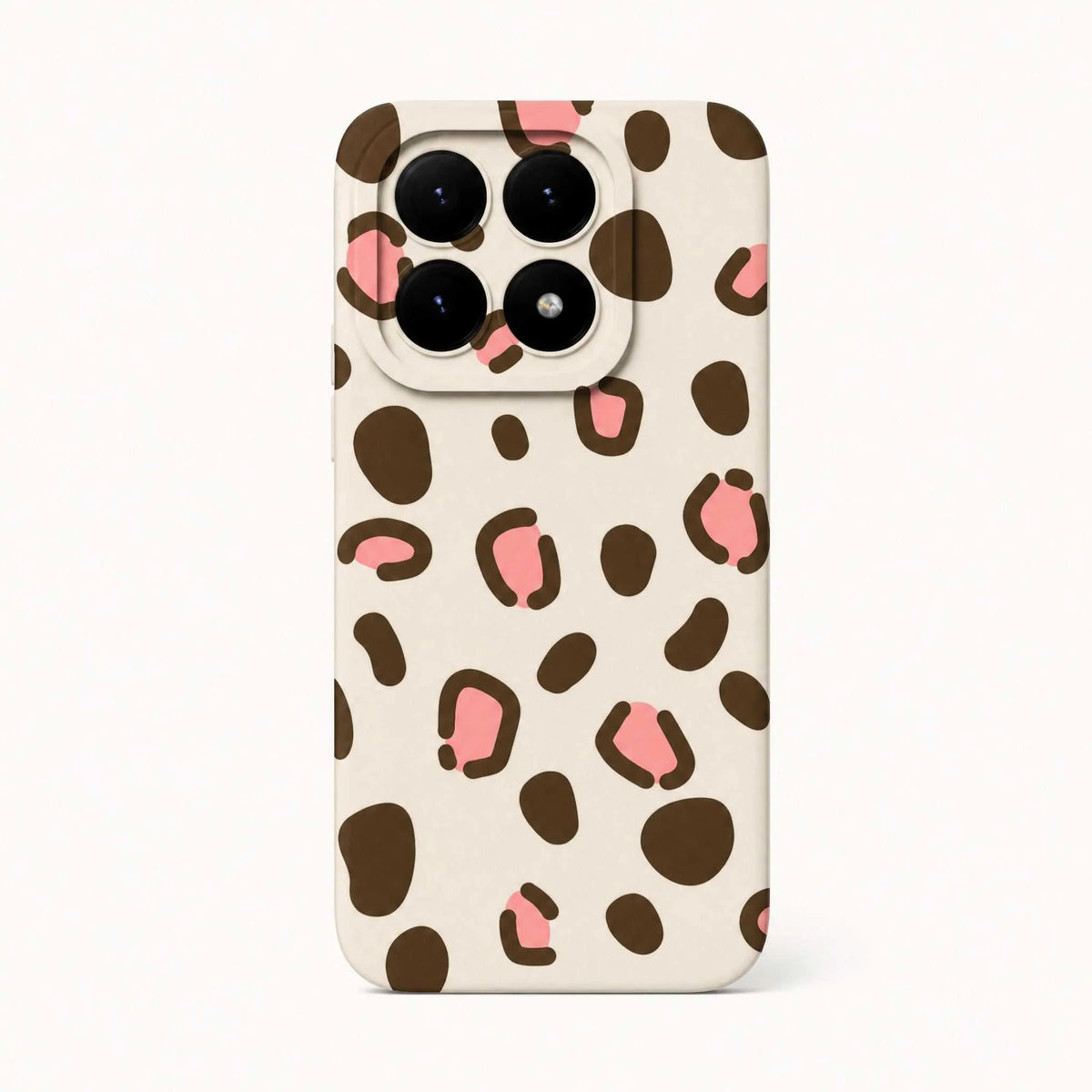 Xiaomi Fun Art Soft Silicone Case in cream with dark brown spots and pink abstract accents around a raised camera cutout