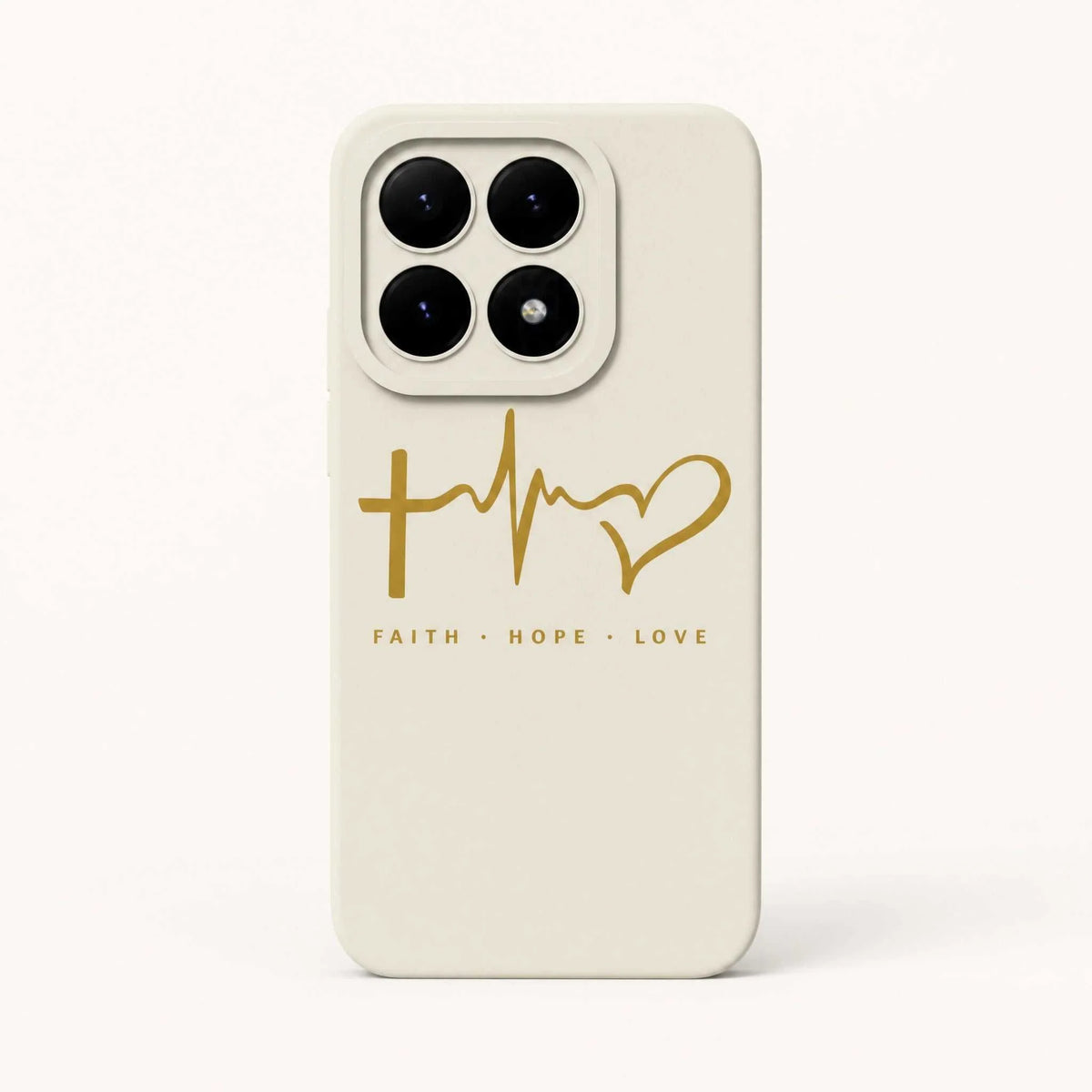 Xiaomi Fun Art Soft Silicone Case in cream with a smooth finish, gold heartbeat-and-heart line art and Faith Hope Love text