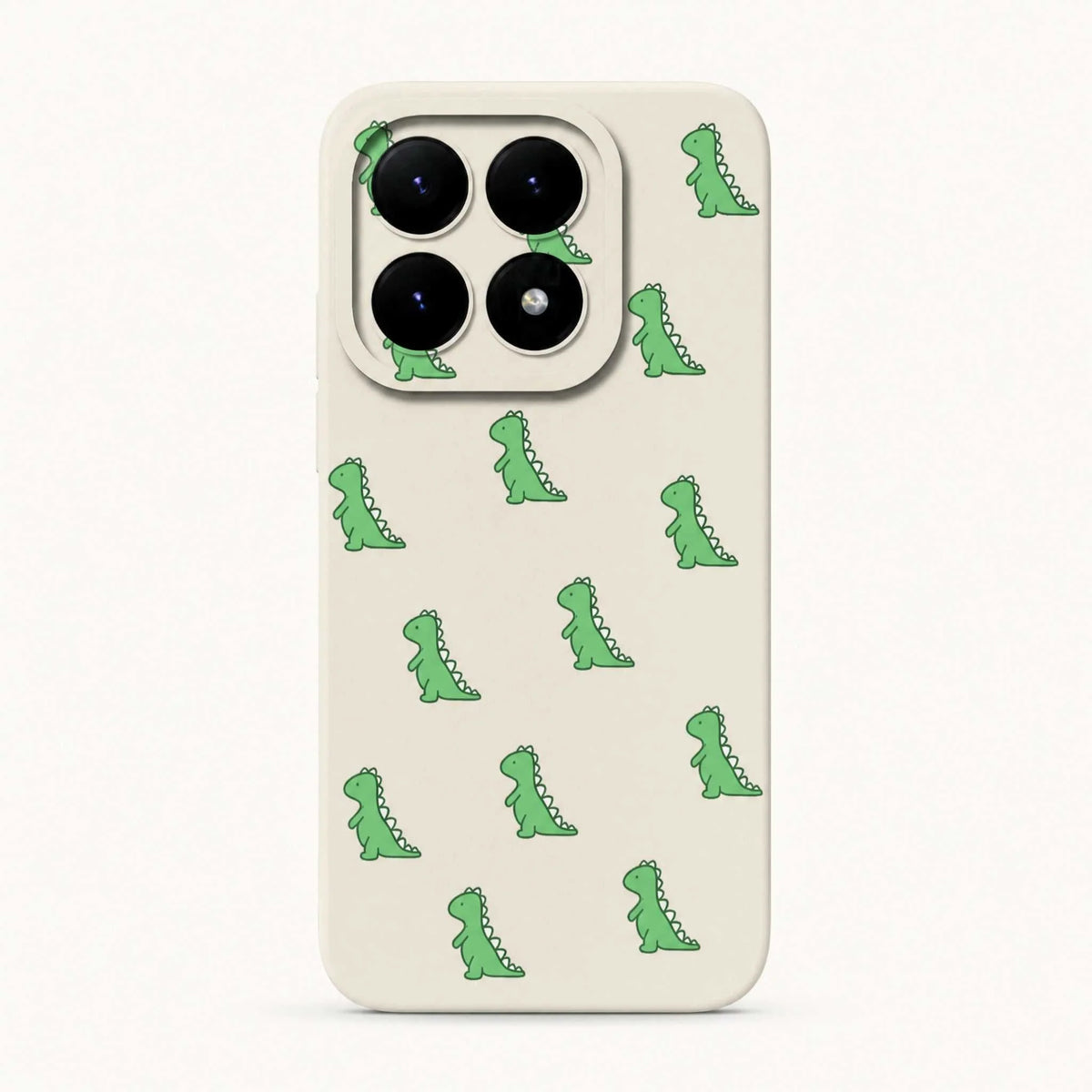 Xiaomi Fun Art Soft Silicone Case in cream with scattered green cartoon dinosaur illustrations and a raised camera cutout