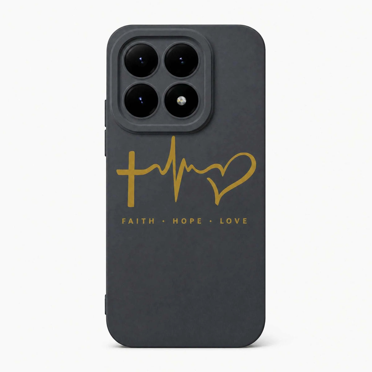Xiaomi Fun Art Soft Silicone Case in dark grey silicone with gold heartbeat line, heart outline and faith hope love text