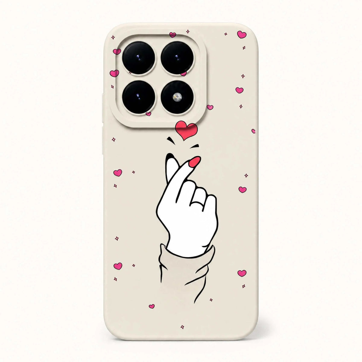 Xiaomi Fun Art Soft Silicone Case in ivory with black line art of a hand and scattered pink hearts