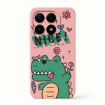 Xiaomi Fun Art Soft Silicone Case in pink with a green cartoon crocodile, hearts, flowers and playful lettering