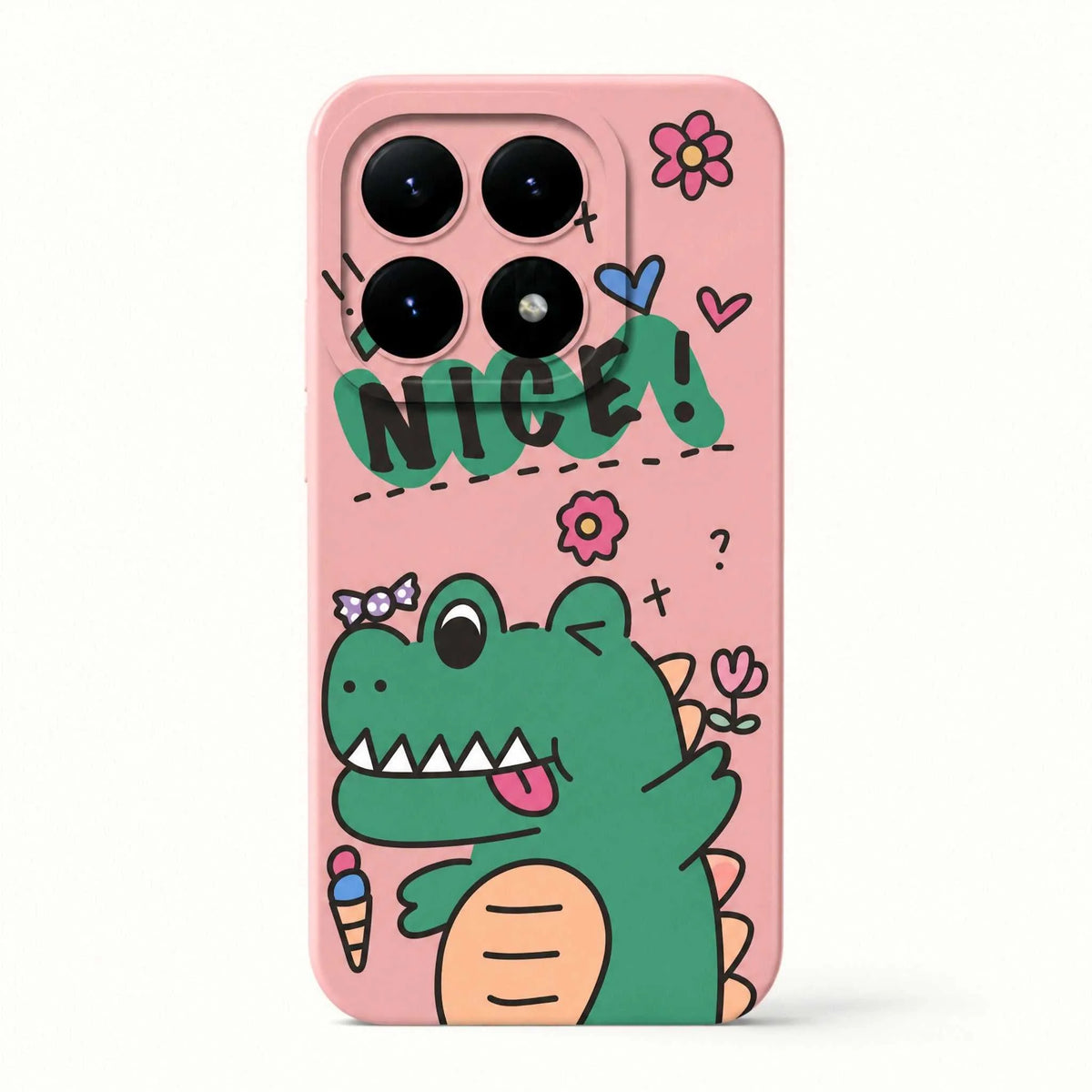 Xiaomi Fun Art Soft Silicone Case in pink with a green cartoon crocodile, hearts, flowers and playful lettering