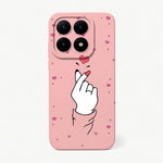 Xiaomi Fun Art Soft Silicone Case in pink with black line-art hand making a finger heart and scattered heart motifs