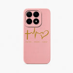 Xiaomi Fun Art Soft Silicone Case in pink with a smooth finish and gold heartbeat-and-heart graphic reading faith, hope, love