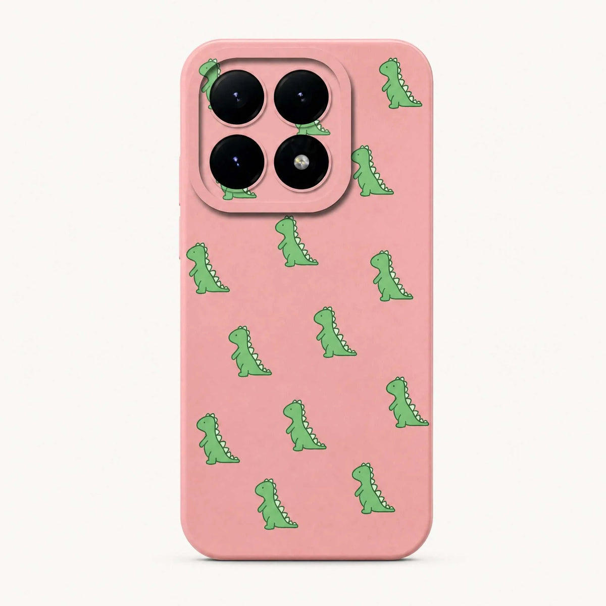 Xiaomi Fun Art Soft Silicone Case in pink with a soft-touch finish and scattered green cartoon dinosaur graphics