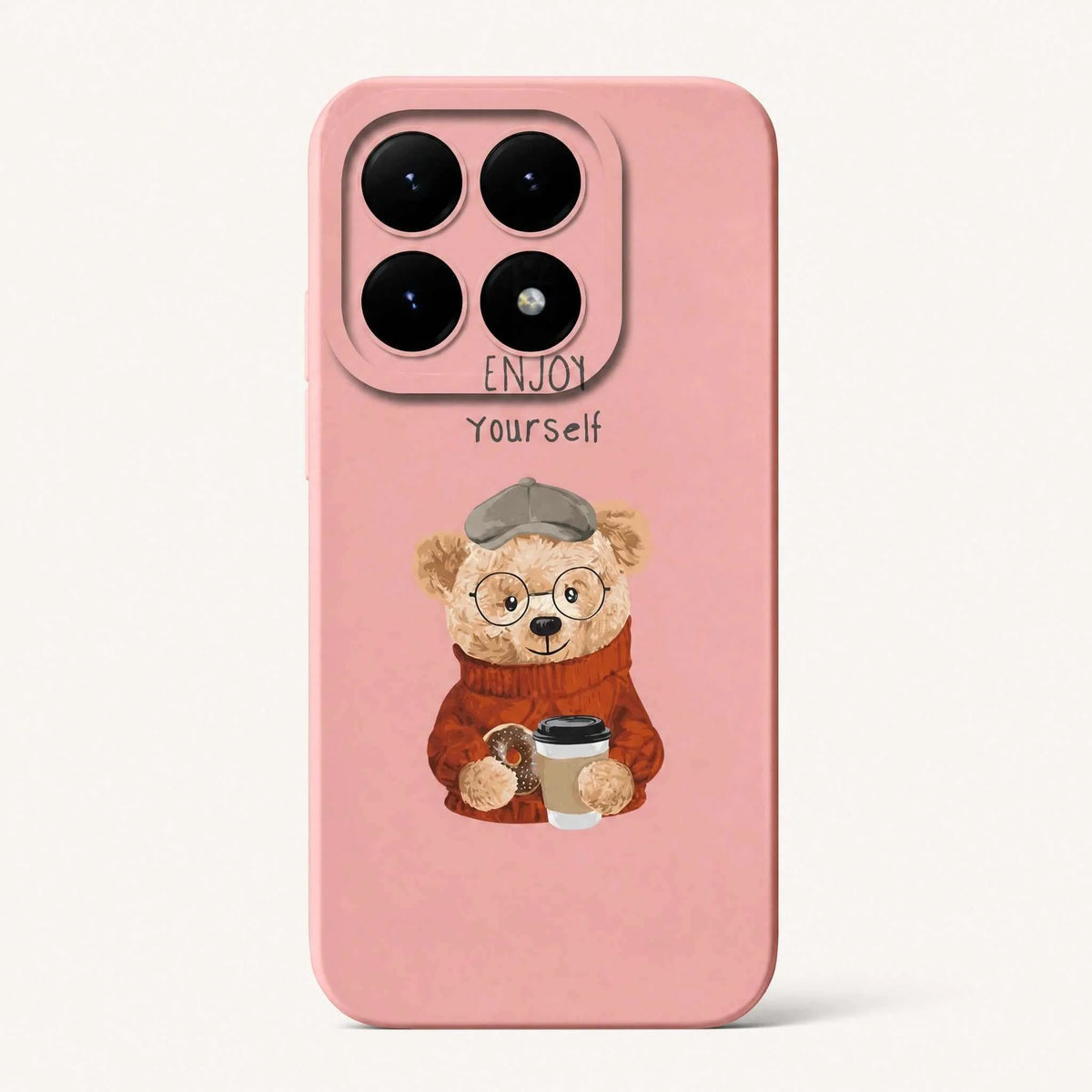 Xiaomi Fun Art Soft Silicone Case in dusty pink with a teddy bear illustration, glasses, coffee cup and playful lettering