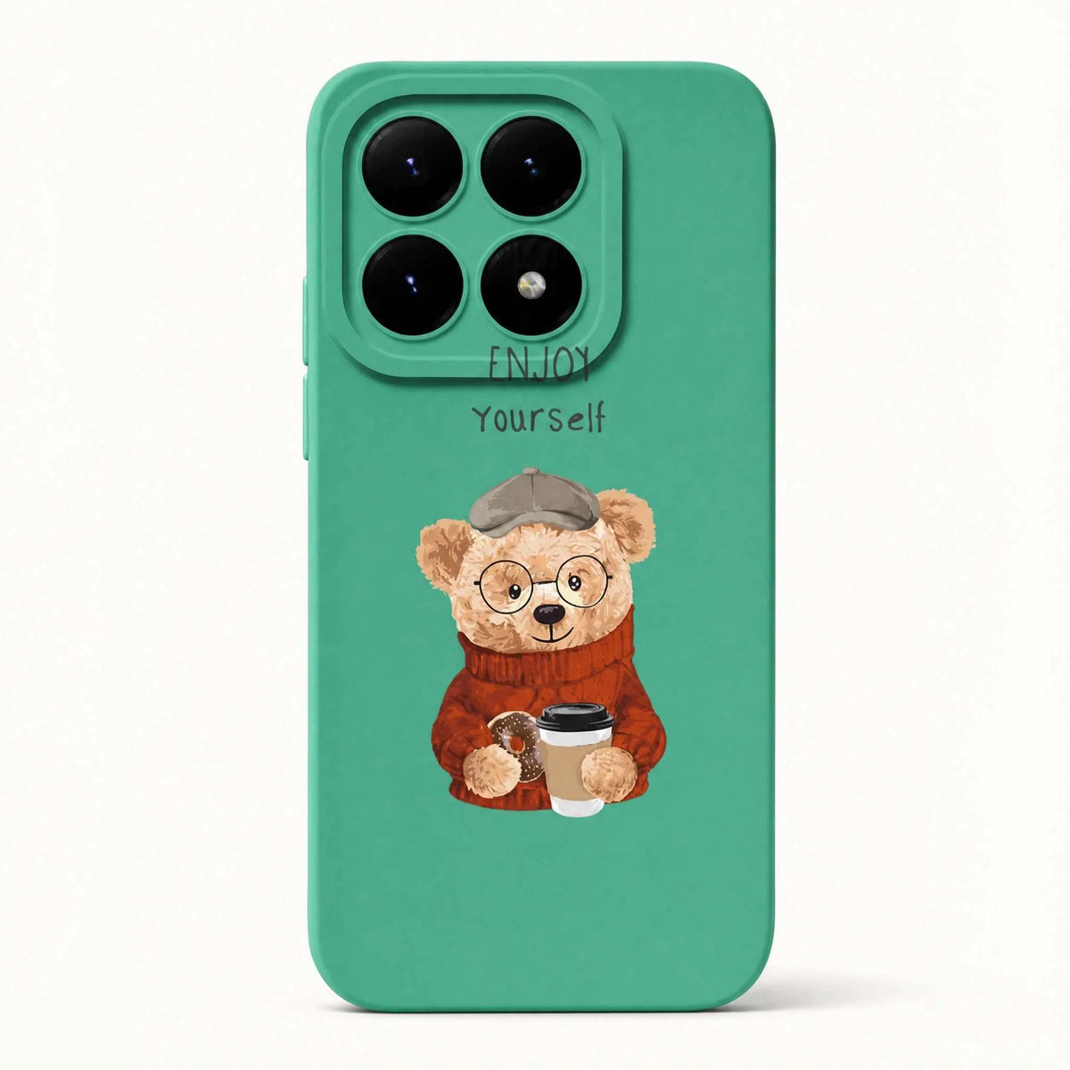 Xiaomi Fun Art Soft Silicone Case in teal with a smooth finish, featuring a bespectacled bear holding a coffee cup