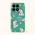 Xiaomi Fun Art Soft Silicone Case in teal with cartoon dinosaur line art, pink accents and playful scattered motifs