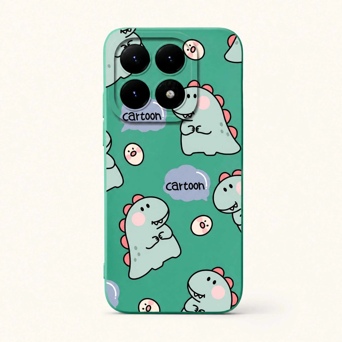 Xiaomi Fun Art Soft Silicone Case in teal with cartoon dinosaur line art, pink accents and playful scattered motifs
