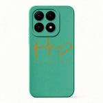 Xiaomi Fun Art Soft Silicone Case in teal with a smooth finish, raised square camera surround and gold cross, heartbeat and heart graphic