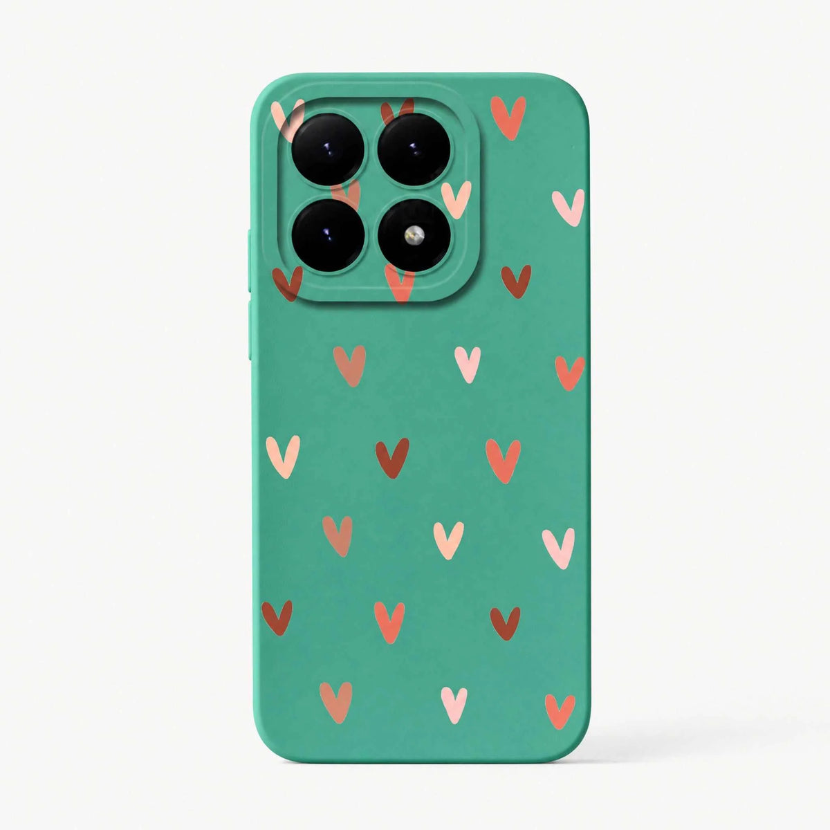 Xiaomi Fun Art Soft Silicone Case in teal with a smooth finish and scattered pink, coral, and red heart motifs