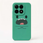 Xiaomi Fun Art Soft Silicone Case in teal with a playful monster face, four camera cutouts and simple line-art details