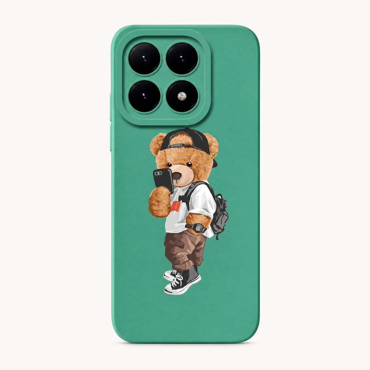 Xiaomi Fun Art Soft Silicone Case in teal with a raised camera surround and a backpack-wearing teddy bear graphic